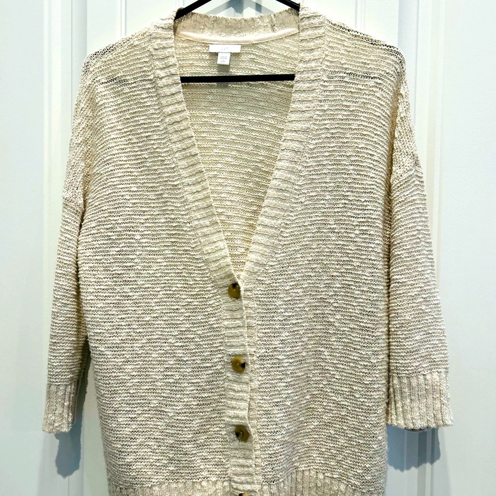 J. Jill Cream V-Neck Cardigan in a Cotton Textured Knit